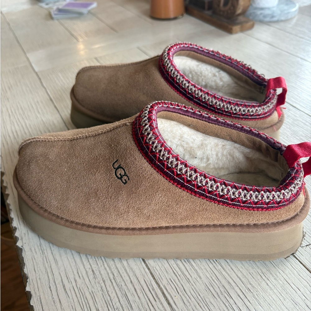 UGG Tan Suede Slip-Ons with Red Trim Tazz Platform